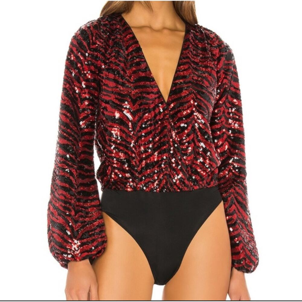 NBD Rochelle Size Medium Bodysuit in Red & Black Long Sleeve